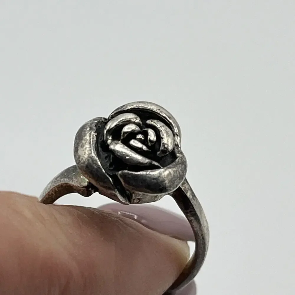Oxidized Silver 925 Rose Flower Ring Handcrafted Sterling Silver Rose Ring Vntg